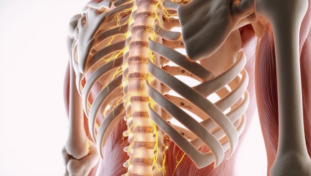 Illustration of a detailed realistic human spine anatomy with accentuated pain areas