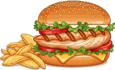 Delicious Chicken Burger with French Fries Vector Illustration