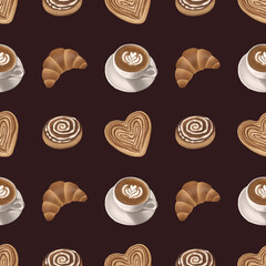 Seamless сoffee and pastry pattern. Hand drawn cappuccino, croissant, cinnamon roll, and heart shaped bun on dark brown background.