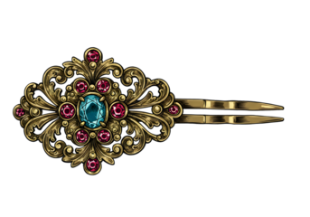 Ornate Gold Jewel Hair Clip with Ruby and Emerald Gemstones PNG Illustration