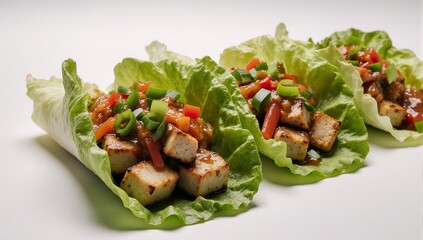 Vibrant tofu lettuce wraps showcase a plant-based protein dish with colorful toppings in a healthy studio shot