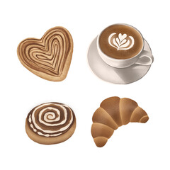 Coffee and pastry PNG clipart set. Hand drawn cappuccino, croissant, cinnamon roll, and heart shaped bun with transparent background.
