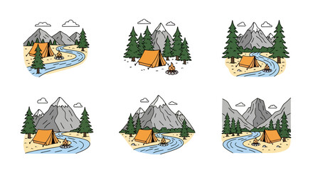 Obraz premium Collection of camping illustrations featuring tents, mountains, rivers, and trees for outdoor adventure-themed designs and tourism promotion materials.