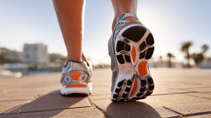 A close-up view of a person's foot wearing running shoes as they walk along a sunny pathway, embodying an active lifestyle and dedication to fitness and well-being.