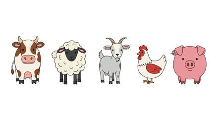 Cute cartoon farm animal illustration set, including cow, sheep, goat, chicken, and pig. Ideal for children's books, educational materials, or farm-themed designs.
