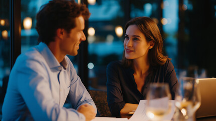 A young couple seated at a modern restaurant table animated discussion about business opportunities papers and laptops open between plates soft evening light reflecting from