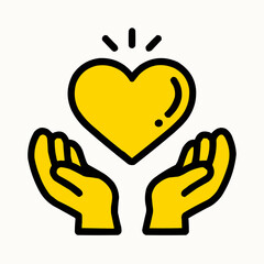Obraz premium Golden Heart in Caring Hands: Two caring hands gently cradle a radiant, golden heart in a simple, visually striking illustration, symbolizing care, compassion, and support.