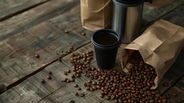 A pair of coffee mugs resting beside a bag of freshly roasted coffee beans