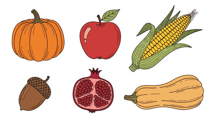 Fall harvest illustration featuring pumpkin, apple, corn, acorn, pomegranate and butternut squash. Suitable for autumn seasonal designs, harvest festivals, and Thanksgiving themes.