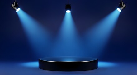Product podium Dark metallic podium under three blue spotlights on a dark blue background platform