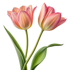 Naklejka premium Two delicate pink and peach colored tulips with green leaves isolated on transparent background