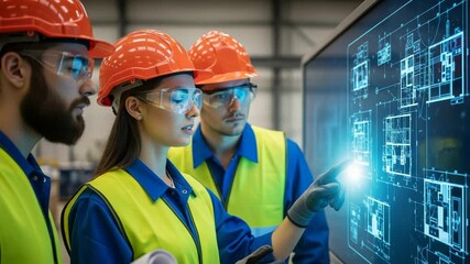Three engineers in hard hats and safety glasses collaborate while examining a digital blueprint displayed on a large screen, with one engineer pointing to a specific detail - Powered by Adobe