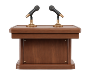 Wooden podium with dual microphones conference setup, suitable for speech, debate, or press event, isolated on transparency background, professional and formal atmosphere