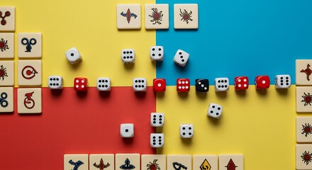 Flat lay of a complex board game in progress, symbolizing risk, luck, and tactical play
