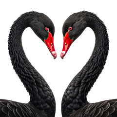 Two elegant black swans with vibrant red beaks forming a heart shape isolated on transparent background