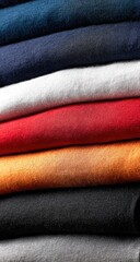 Stack of colorful folded t-shirts, close-up view of various fabric textures and vibrant hues.