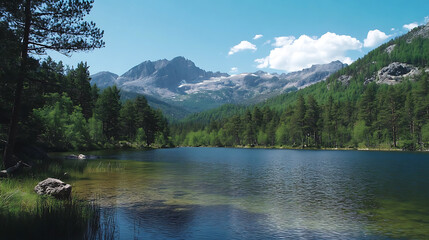 Beautiful mountain valley view surrounded by green trees high resolution picture