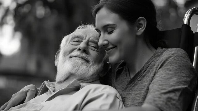 An older gentleman receives emotional comfort from a younger woman. They could be a patient and a nurse or family members.