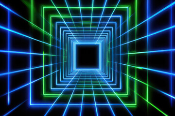 Vibrant neon grid tunnel with glowing blue and green light rays