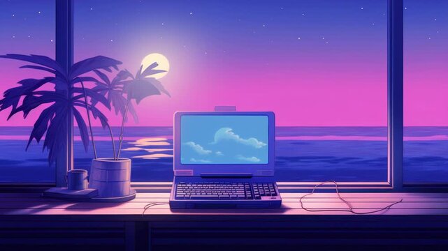 Aesthetic video concept with a retro computer on a desk, ocean view at sunset. Wide-angle captures the serene, nostalgic ambiance. Live desktop wallpaper.