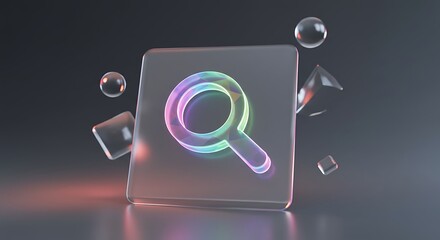 A glowing iridescent search icon on a transparent glass tile surrounded by floating bubbles and shards.