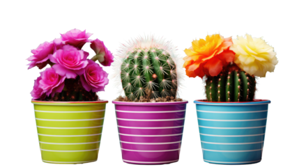 Colorful blooming cactus flowers in striped pots succulent collection with roses and blossoms isolated on white background