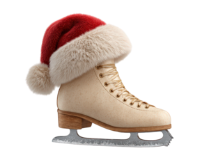 Ice skate Santa hat winter festive holiday Christmas celebration fur trim red white wooden sole lace seasonal joyful cold accessory sport footwear decoration isolated traditional cheerful fun