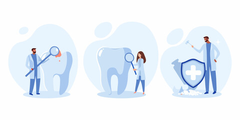 Dentists examining teeth and protecting dental health with a shield and cross symbol