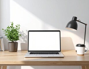 Fototapeta premium Generated image Minimalist Workspace with Laptop, Books, and Desk Lamp
