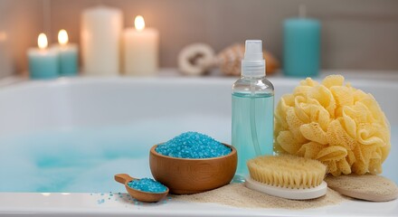 Ocean spa ritual set with Dead Sea salt and sea sponge, relaxing home wellness, ai generation