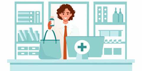 Friendly pharmacist holding a medicine bottle at the counter with a computer and shelves of medication