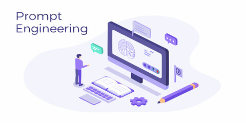 Prompt engineering concept with brain on computer screen and learning materials