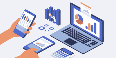 Isometric illustration of hands using smartphones and laptop with financial charts and graphs for data analysis