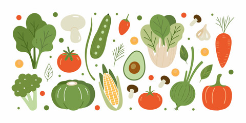 Whimsical flat design assortment of fresh vegetables and produce on a white background