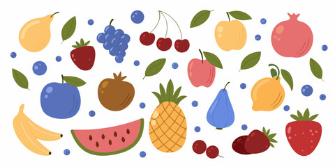 A vibrant collection of colorful cartoon fruits and berries scattered on a white background