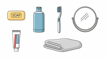 Essential bathroom items illustration set for personal hygiene and cleanliness, suitable for infographics or educational materials on health and wellness routines.