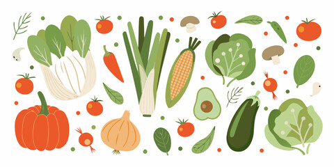 A vibrant collection of fresh healthy vegetables and produce arranged in a playful and colorful pattern