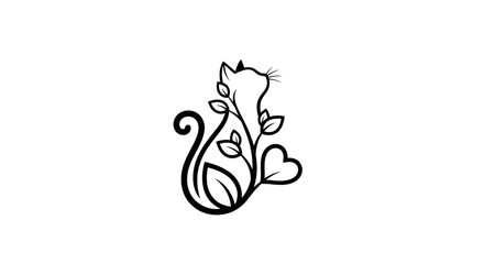 Elegant cat silhouette with plant leaves and heart tail logo design.