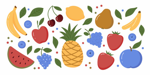 A vibrant collection of fresh fruits and green leaves arranged in a playful pattern on a white background