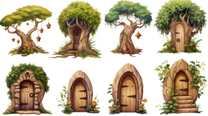 Fantasy tree houses and magical wooden fairy doors with nature elements isolated on white background