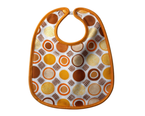 Baby bib with cute orange and yellow circle pattern, soft fabric, infant accessory, playful design, perfect for mealtime, cheerful and practical for babies