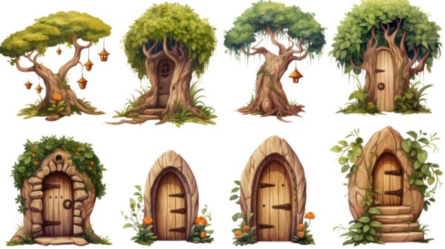 Fantasy tree houses and magical wooden fairy doors with nature elements isolated on white background