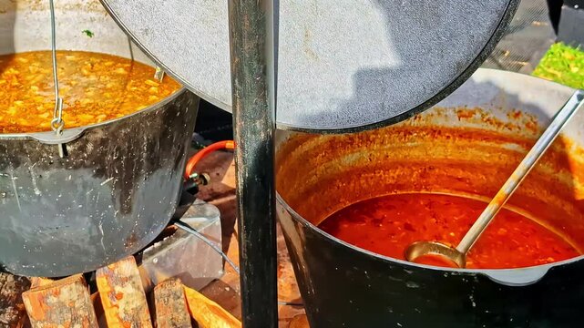 Two steaming pots over fire, cooking outdoors, rural and rustic scene