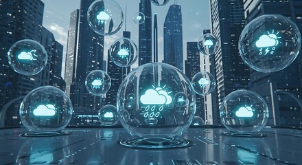 Glass spheres displaying holographic weather icons float in a futuristic smart city with skyscrapers.