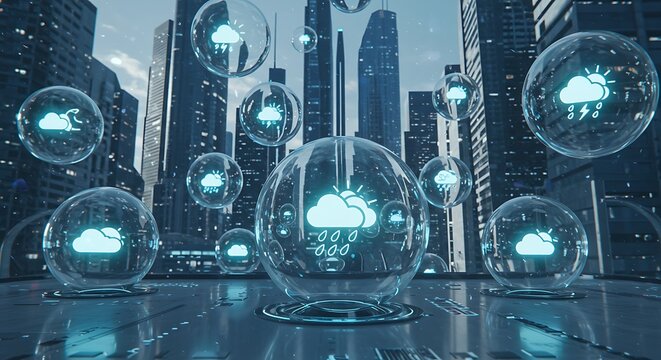 Glass spheres displaying holographic weather icons float in a futuristic smart city with skyscrapers.