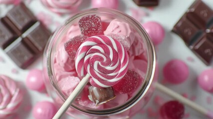 Colorful candy lollipops with pink and white swirls, drizzled in chocolate, sitting in a glass jar on a table with various sweets around. - Powered by Adobe