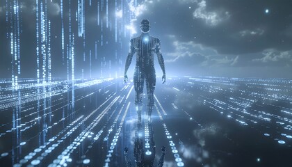 Visual representation of artificial intelligence set in a futuristic landscape with a humanoid figure amidst streams of data and light