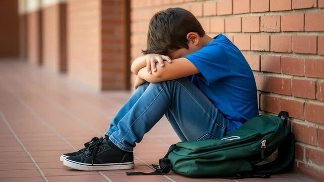 A young boy sits with his head in his arms, looking dejected and sad, leaning against a brick wall with his backpack beside him