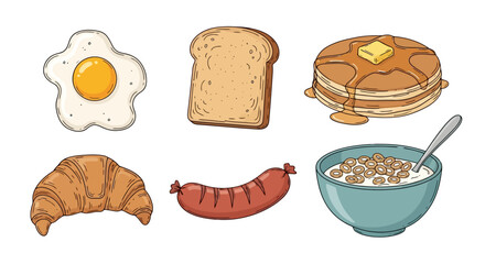 Cartoon Illustration of Breakfast Food Items Including Egg, Toast, Pancake, Croissant, Sausage, and Cereal, for Culinary Arts Education or Menu Design.