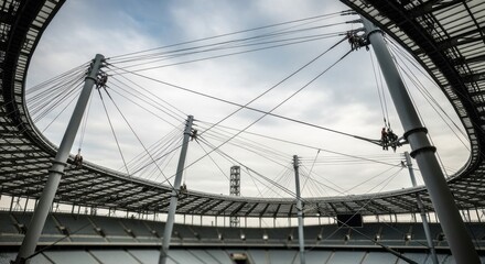Panoramic footage capturing full stadium roof with multiple cablestay points under adjustment for optimal support.